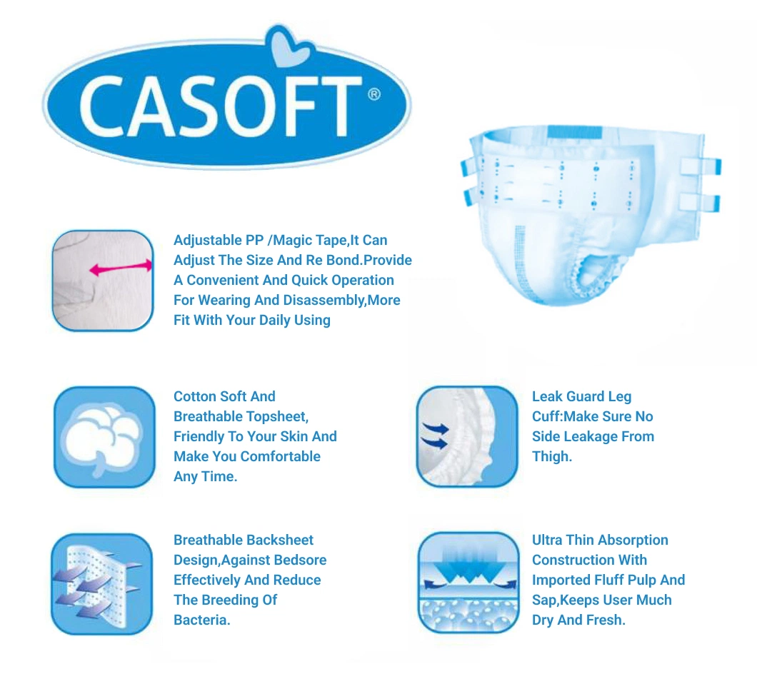 Free Samples Casoft Soft Care Larger Size High Absorbency Overnight XL Non-Woven Fabric Disposable PE Tape Adult Diapers in Philippines Russia Korea Us China EU